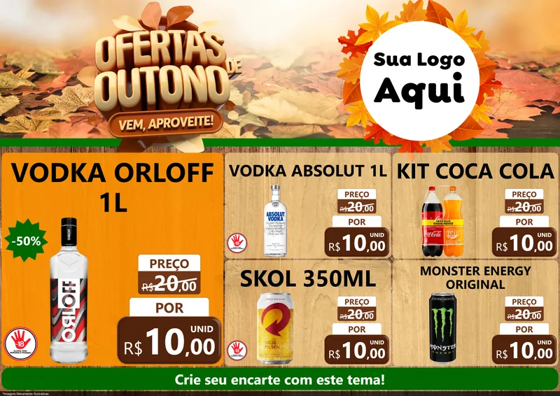 Modelo de Encarte para Encarte A4 Horizontal com o tema Ofertas de Outono - Vem, Aproveite! para Distribuidora de bebidas