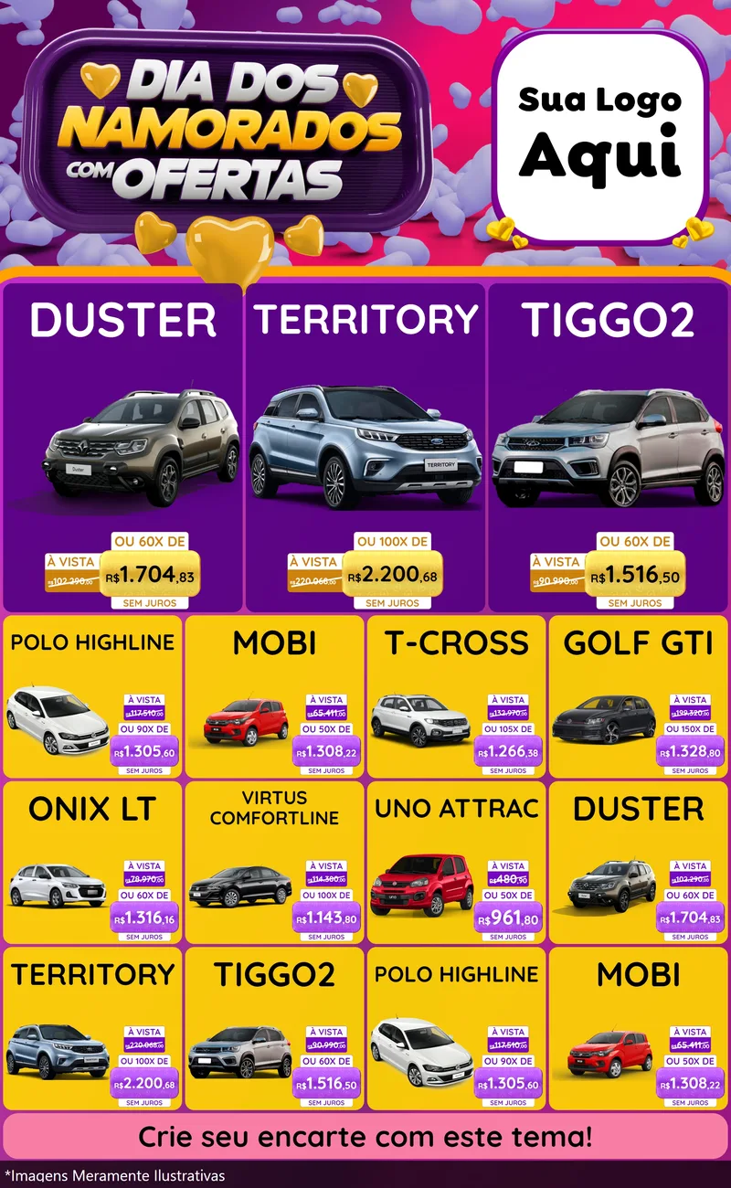 Modelo de Encarte para Encarte Grande com o tema Dia Dos Namorados Com Ofertas para Concessionaria de Carros