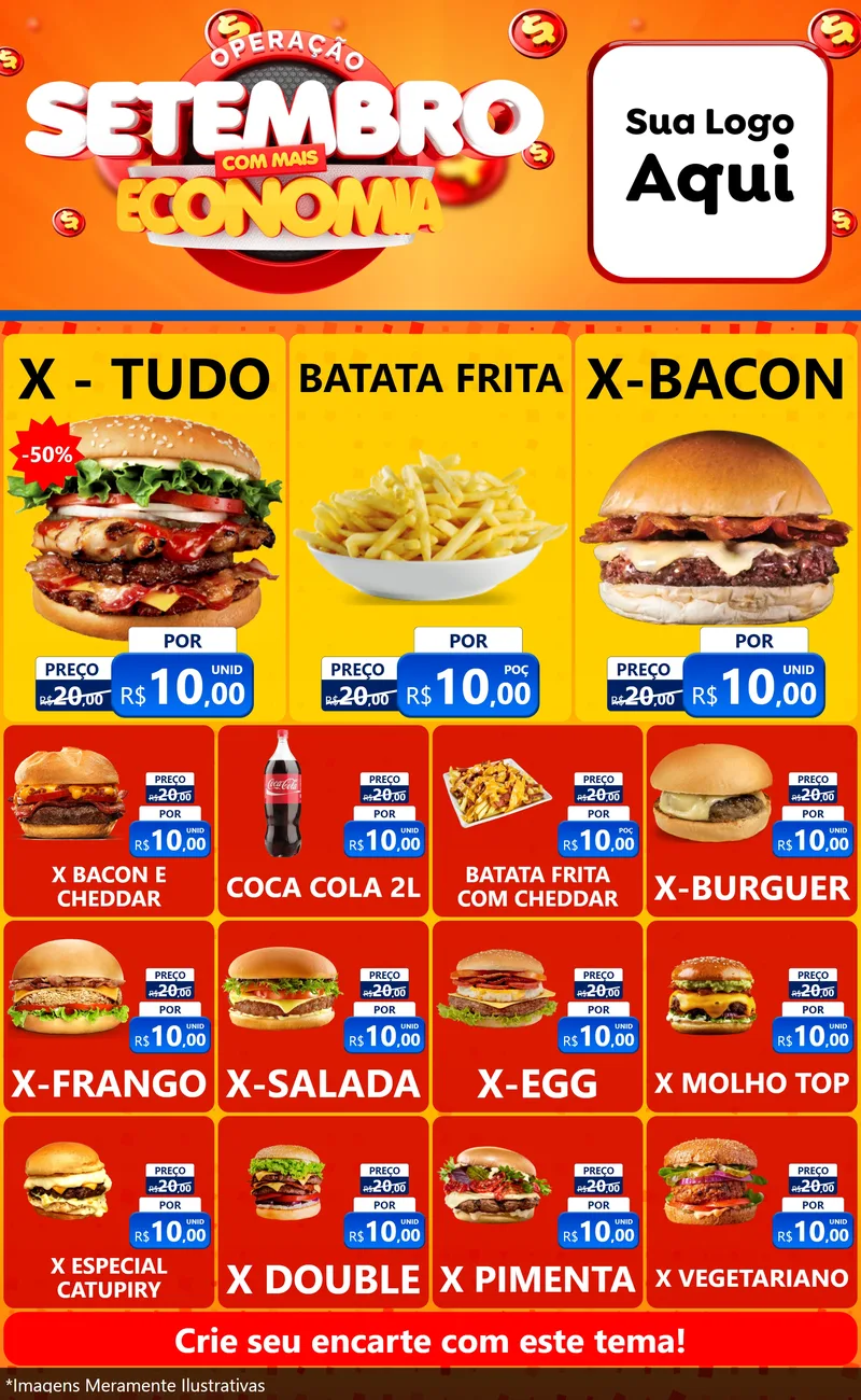 Modelo de Encarte para Encarte Grande com o tema Operação Setembro Com Muita Economia para Hamburgueria