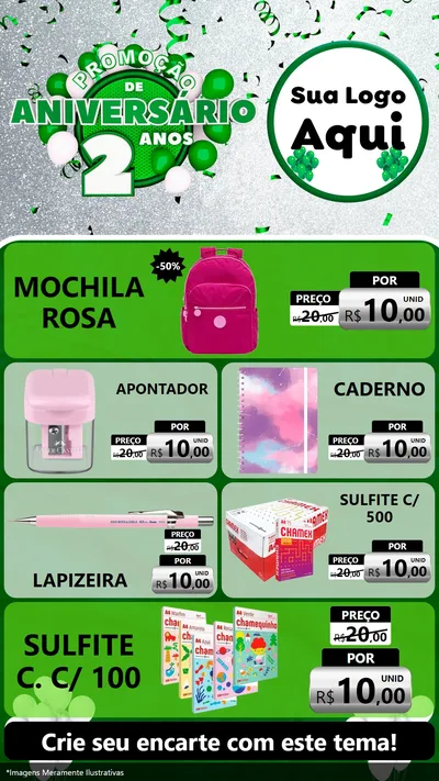 Modelo de TV para TV Vertical com o tema Promoção de Aniversário - 2 Anos para Papelaria