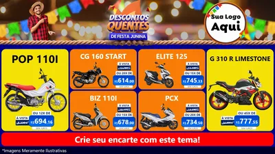 Modelo de TV para TV Horizontal com o tema Descontos Quentes de Festa Junina para Concessionaria de Motos
