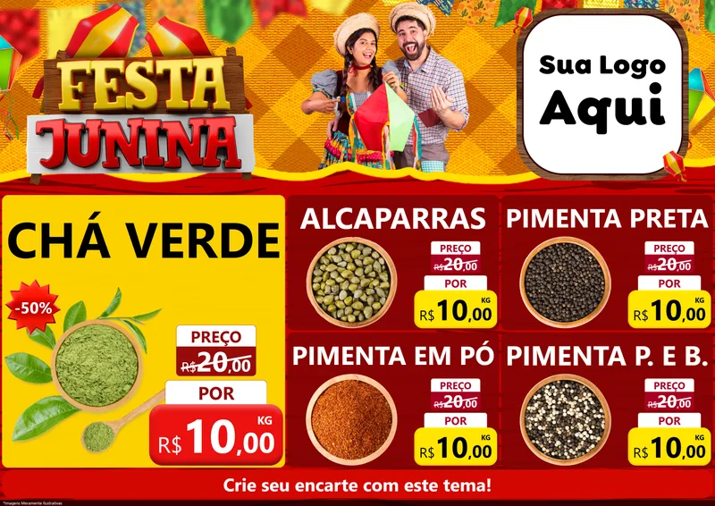 Modelo de Encarte para Encarte A4 Horizontal com o tema Festa Junina para Produtos Naturais