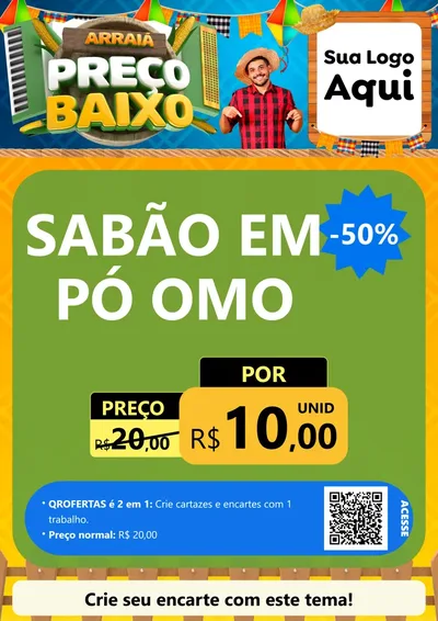 Modelo de Cartaz para Cartaz A4 Vertical com o tema Arraiá de Preço Baixo - Junina para Produtos de Limpeza