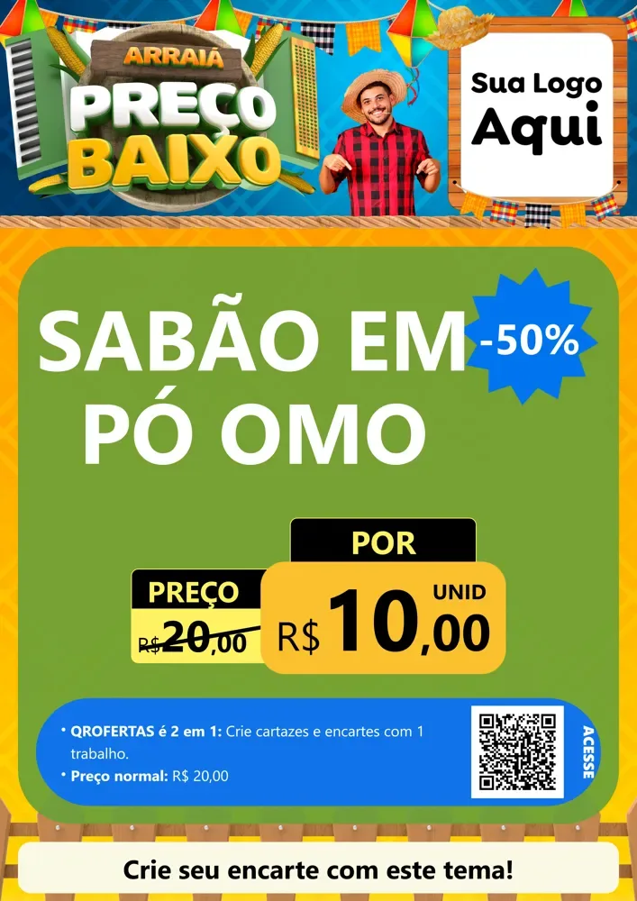 Modelo de Cartaz para Cartaz A4 Vertical com o tema Arraiá de Preço Baixo - Junina para Produtos de Limpeza