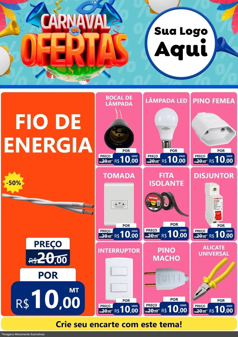 Modelo de Encarte para Encarte A4 Vertical com o tema Carnaval de Ofertas para Materiais Elétricos