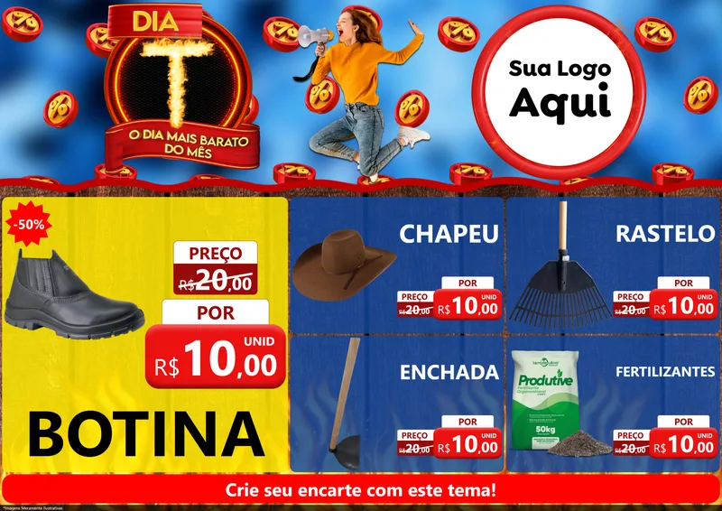 Modelo de Encarte para Encarte A4 Horizontal com o tema Dia T - O Dia Mais Barato Do Mês para Agropecuária