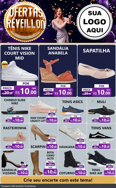 Modelo de Encarte para Encarte Grande com o tema Ofertas de Réveillon para Calçados
