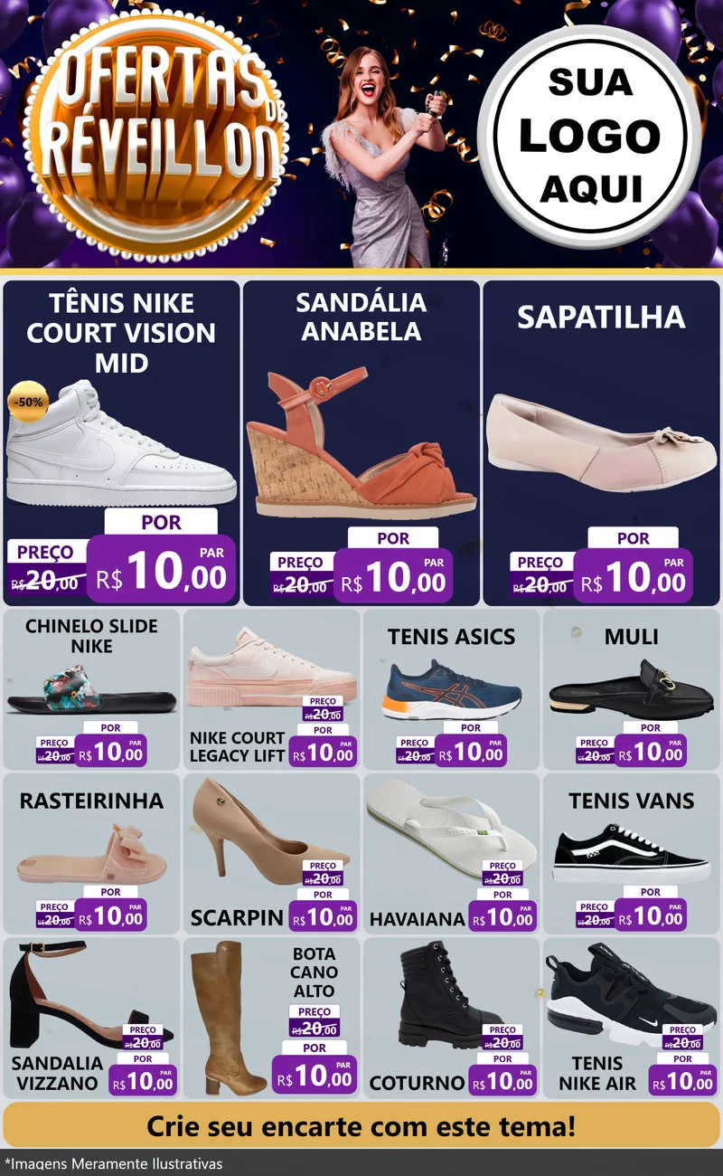 Modelo de Encarte para Encarte Grande com o tema Ofertas de Réveillon para Calçados