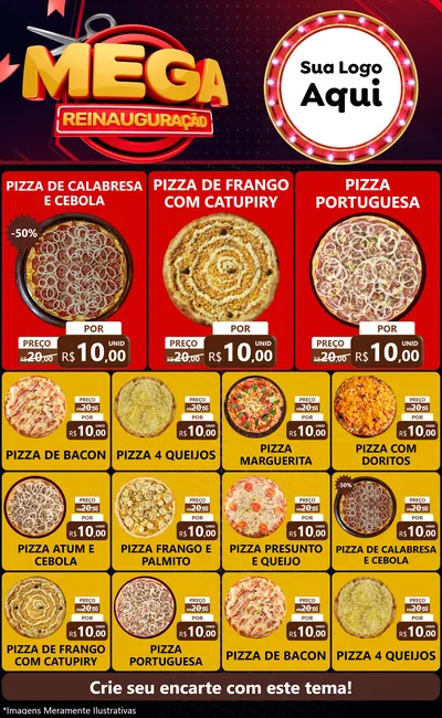 Modelo de Encarte para Encarte Grande com o tema Mega Reinauguração para Pizzaria