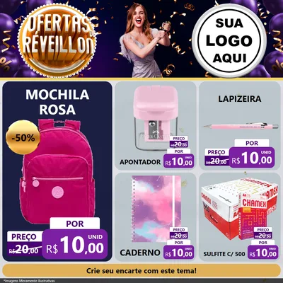 Modelo de Rede Social para Feed Facebook com o tema Ofertas de Réveillon para Papelaria