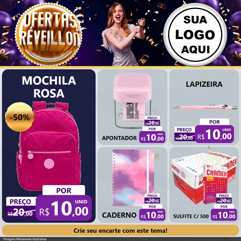 Modelo de Rede Social para Feed Facebook com o tema Ofertas de Réveillon para Papelaria