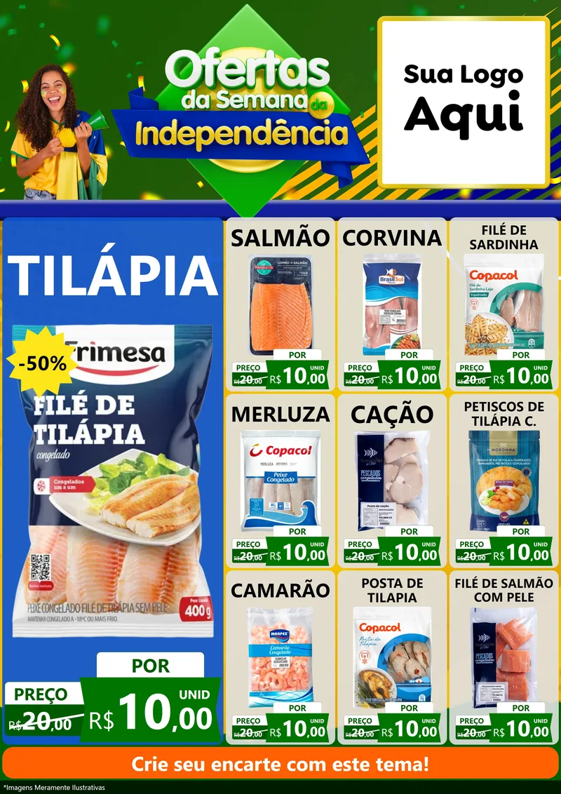 Modelo de Encarte para Encarte A4 Vertical com o tema Ofertas da Semana da Independência para Peixaria