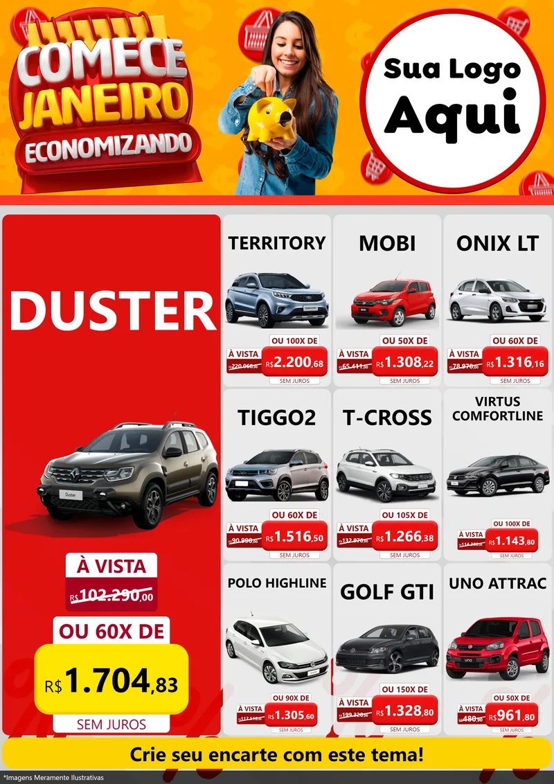 Modelo de Encarte para Encarte A4 Vertical com o tema Comece Janeiro Economizando para Concessionaria de Carros