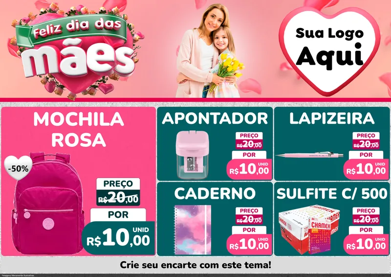 Modelo de Encarte para Encarte A4 Horizontal com o tema Feliz Dia das Mães para Papelaria