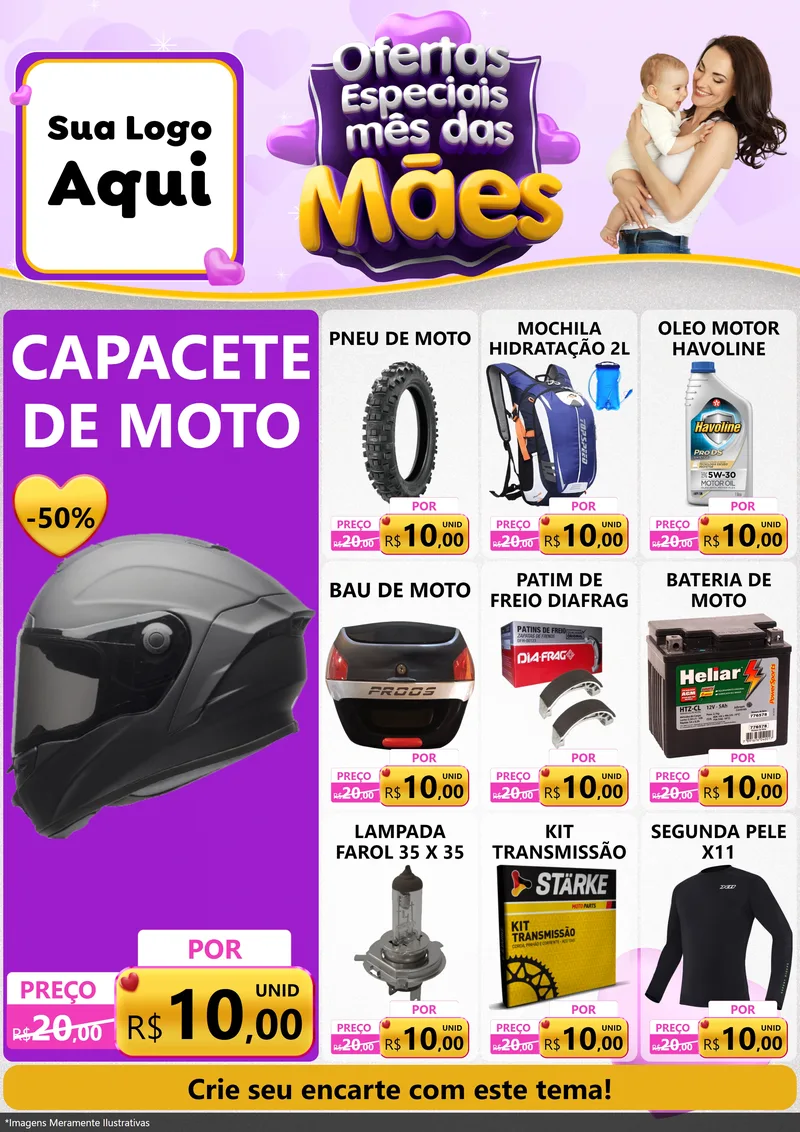 Modelo de Encarte para Encarte A4 Vertical com o tema Ofertas Especiais - Mês das Mães para Moto peças