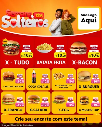 Modelo de Rede Social para Feed Instagram com o tema Semana dos Solteiros para Hamburgueria