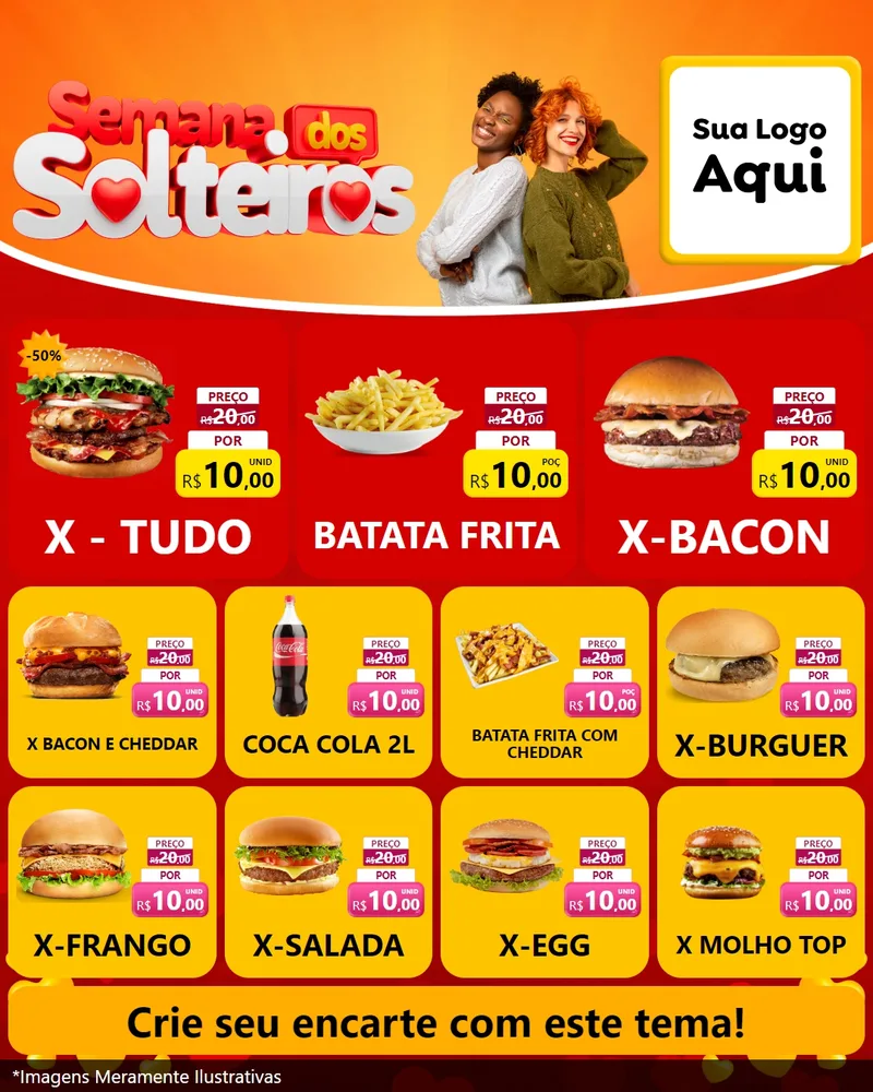Modelo de Rede Social para Feed Instagram com o tema Semana dos Solteiros para Hamburgueria
