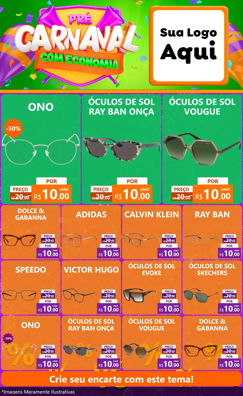 Modelo de Encarte para Encarte Grande com o tema Pré-Carnaval Com Economia para Óticas