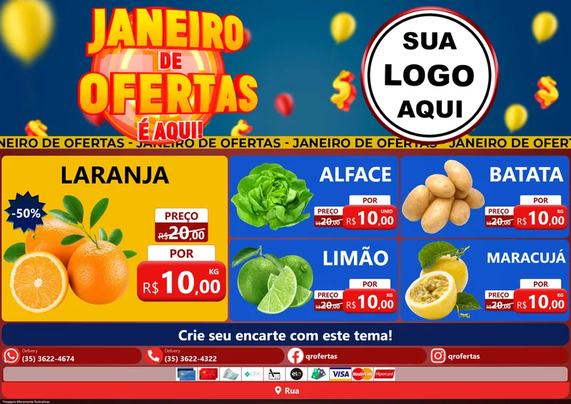 Modelo de Encarte para Encarte A4 Horizontal com o tema Janeiro de Ofertas É Aqui! para Hortifrúti