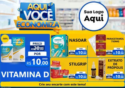 Modelo de Encarte para Encarte A4 Horizontal com o tema Aqui Você Economiza para Farmácia