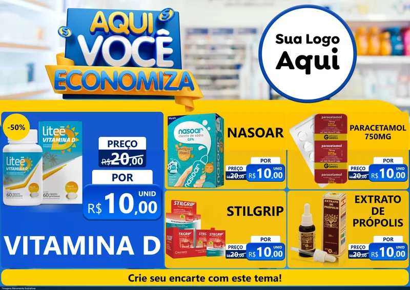 Modelo de Encarte para Encarte A4 Horizontal com o tema Aqui Você Economiza para Farmácia