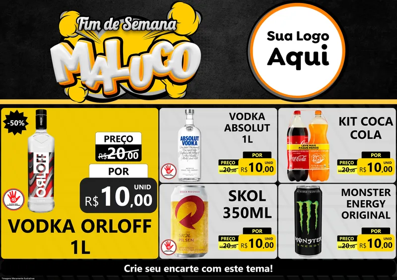 Modelo de Encarte para Encarte A4 Horizontal com o tema Fim de Semana Maluco para Distribuidora de bebidas