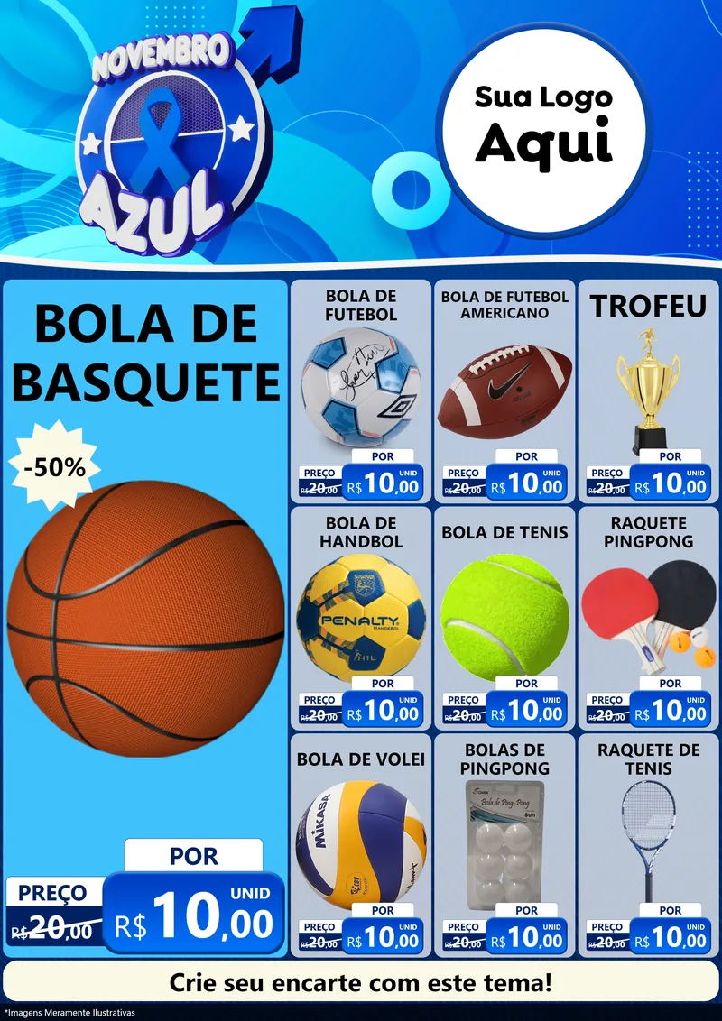 Modelo de Encarte para Encarte A4 Vertical com o tema Novembro Azul para Artigos Esportivos