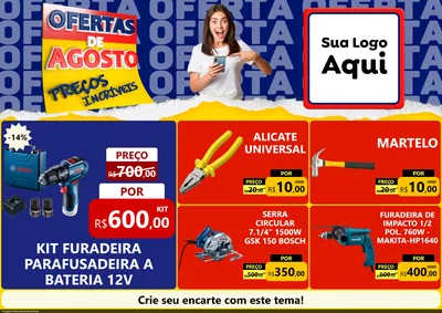 Modelo de Encarte para Encarte A4 Horizontal com o tema Ofertas de Agosto - Preços Incríveis para Maquinas e Ferramentas