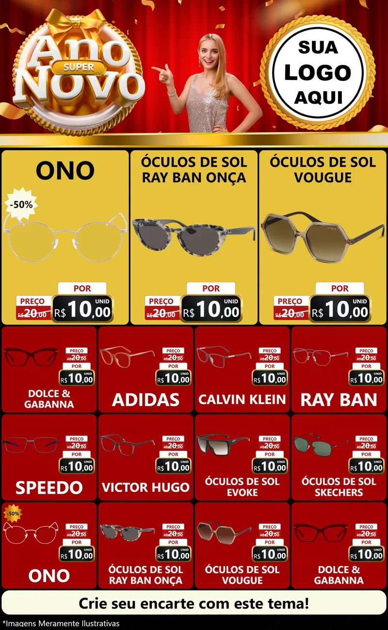 Modelo de Encarte para Encarte Grande com o tema Super Ano Novo para Óticas