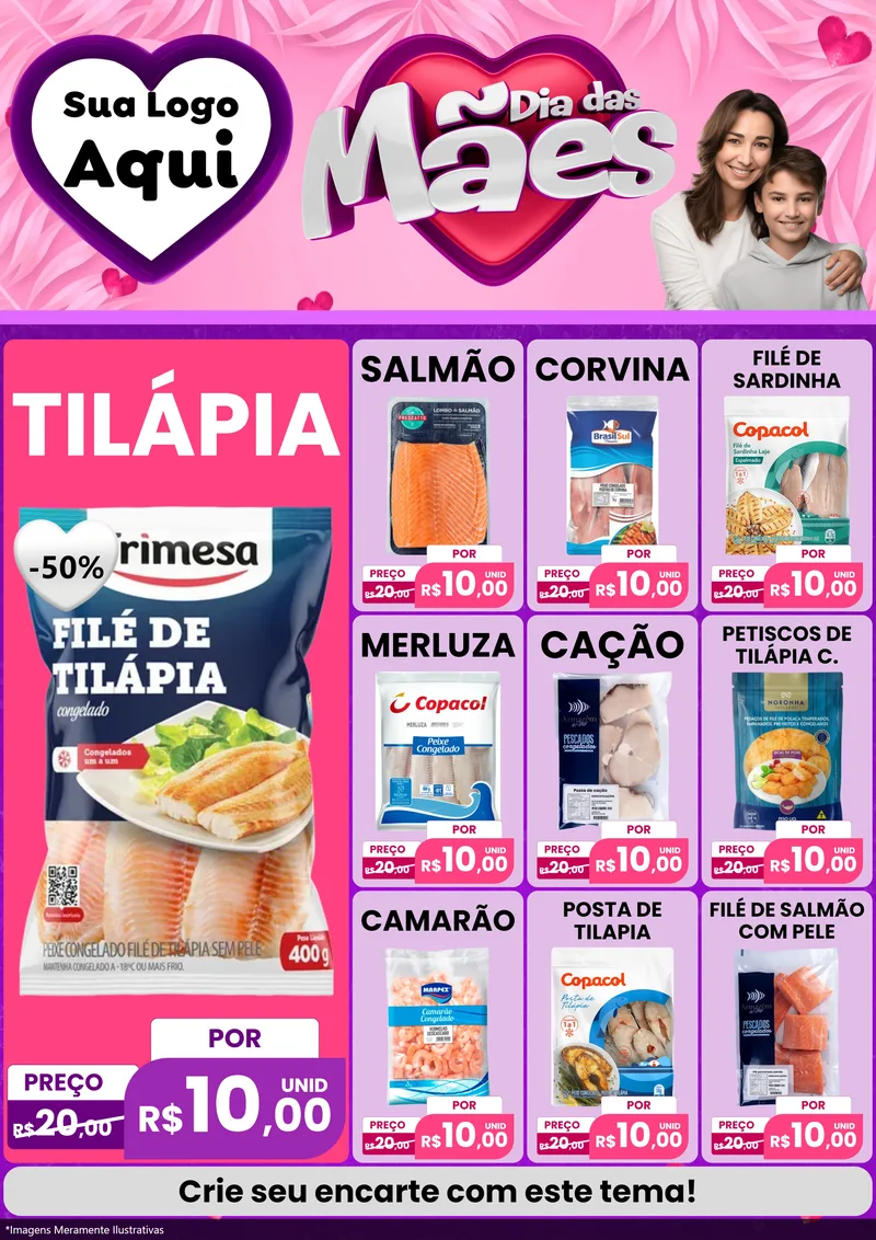 Modelo de Encarte para Encarte A4 Vertical com o tema Dia das Mães para Peixaria