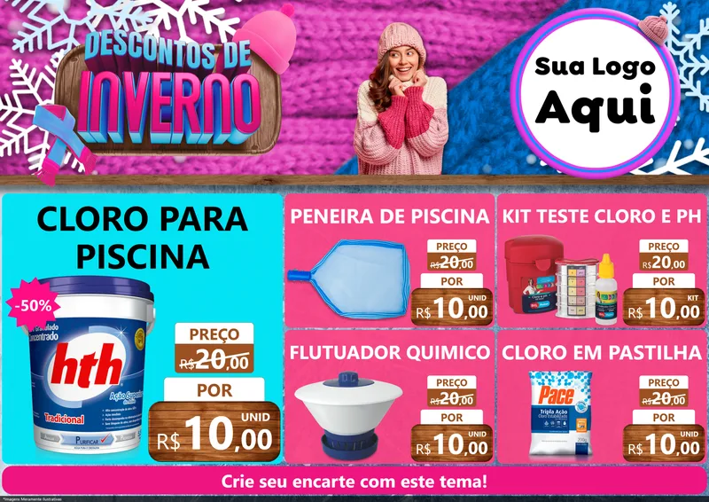 Modelo de Encarte para Encarte A4 Horizontal com o tema Descontos de Inverno para Produtos para Piscina