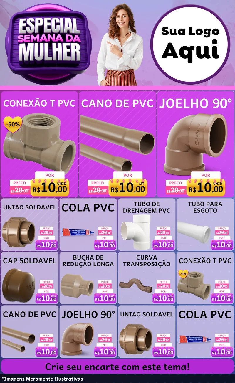 Modelo de Encarte para Encarte Grande com o tema Especial Semana da Mulher para Tubos e conexões