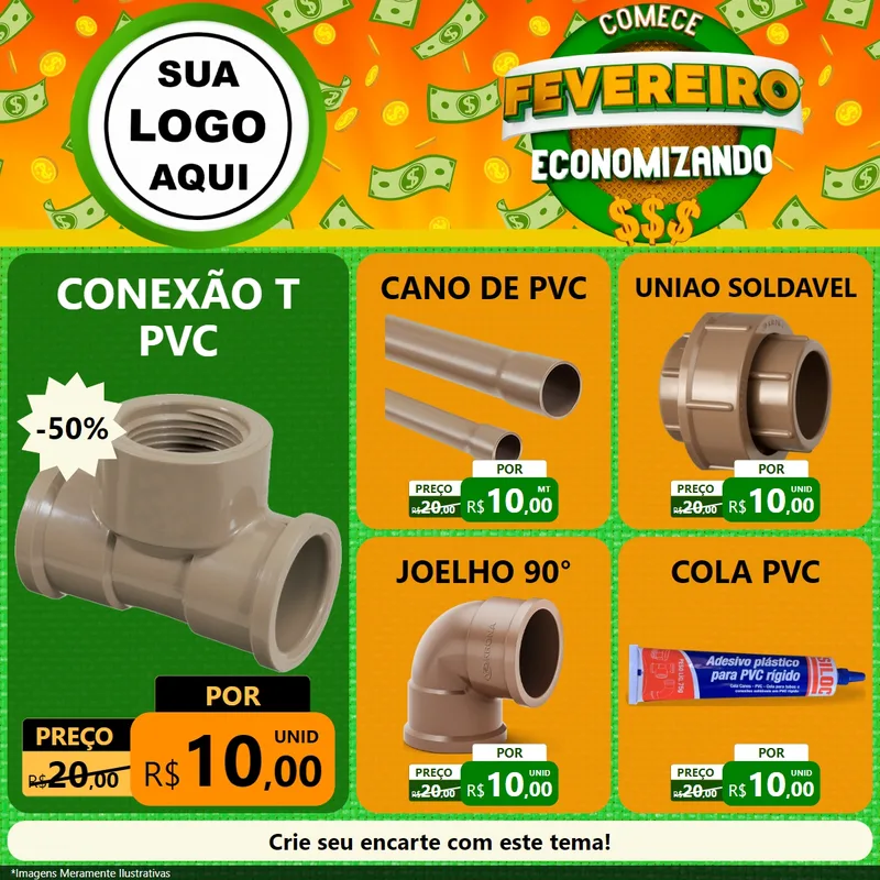 Modelo de Rede Social para Feed Facebook com o tema Comece Fevereiro Economizando para Tubos e conexões