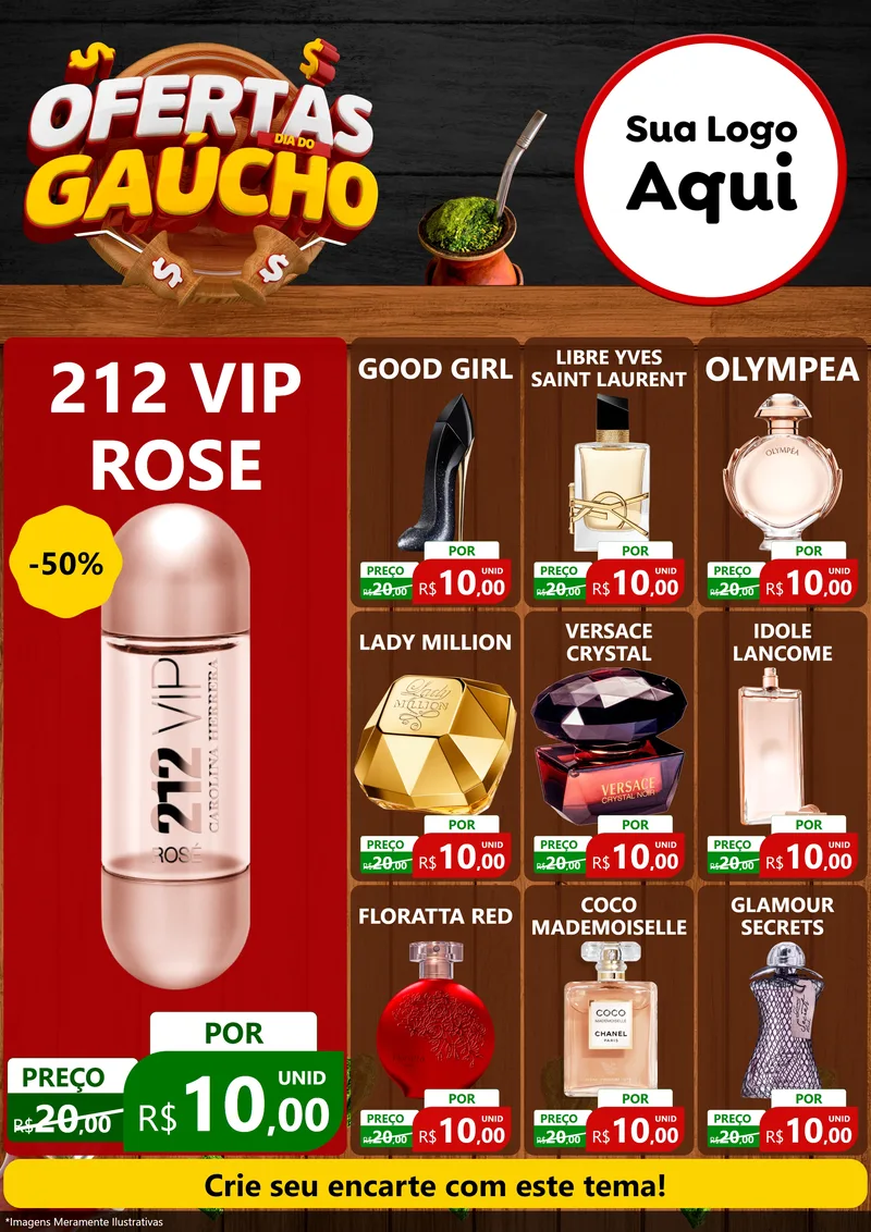 Modelo de Encarte para Encarte A4 Vertical com o tema Ofertas Dia do Gaúcho para Perfumes