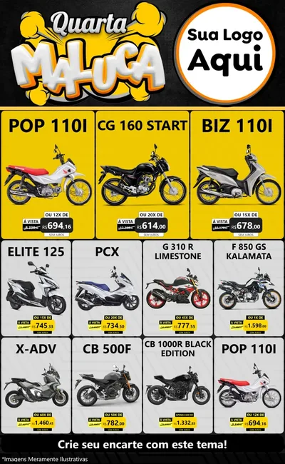 Modelo de Encarte para Encarte Grande com o tema Quarta Maluca para Concessionaria de Motos
