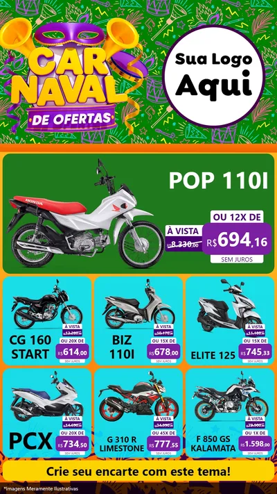 Modelo de Rede Social para Stories com o tema Carnaval de Ofertas para Concessionaria de Motos