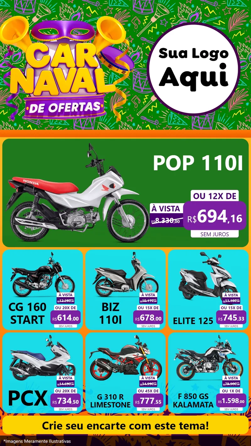 Modelo de Rede Social para Stories com o tema Carnaval de Ofertas para Concessionaria de Motos