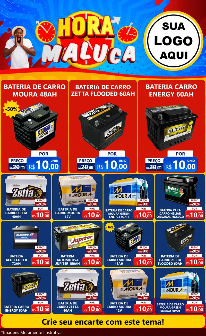Modelo de Encarte para Encarte Grande com o tema Hora Maluca para Baterias Elétricas