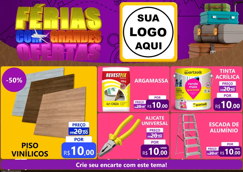 Modelo de Encarte para Encarte A4 Horizontal com o tema Férias com Grandes Ofertas para Material para Construção