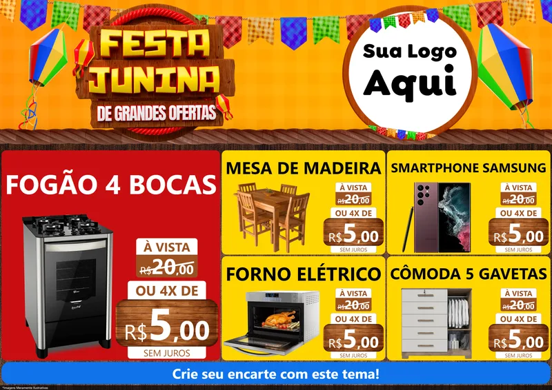 Modelo de Encarte para Encarte A4 Horizontal com o tema Festa Junina de Grandes Ofertas para Móveis e Eletro
