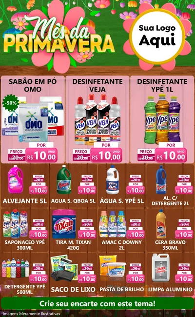 Modelo de Encarte para Encarte Grande com o tema Mês da Primavera para Produtos de Limpeza