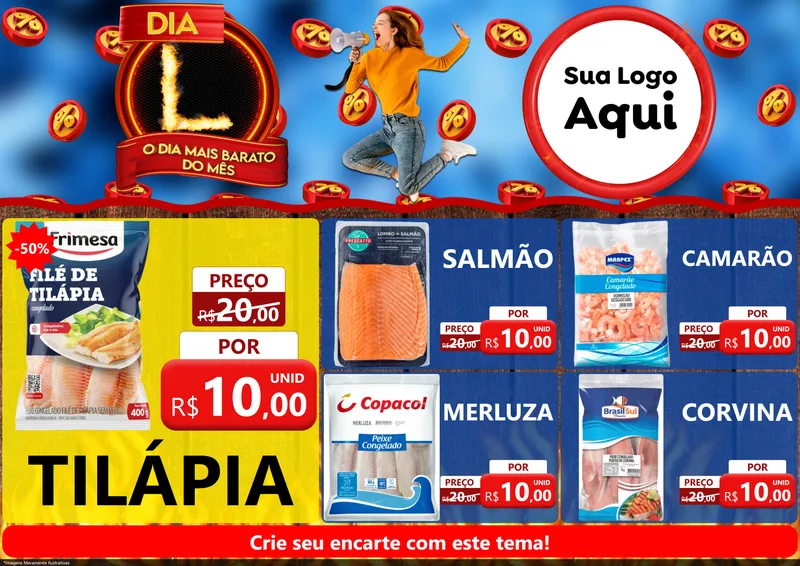 Modelo de Encarte para Encarte A4 Horizontal com o tema Dia L - O Dia Mais Barato Do Mês para Peixaria