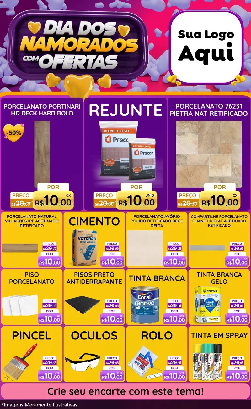 Modelo de Encarte para Encarte Grande com o tema Dia Dos Namorados Com Ofertas para Pisos e revestimentos