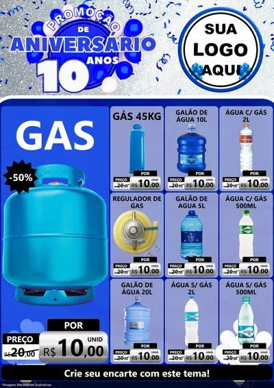 Modelo de Encarte para Encarte A4 Vertical com o tema Promoção de Aniversário - 10 Anos para Água e gás