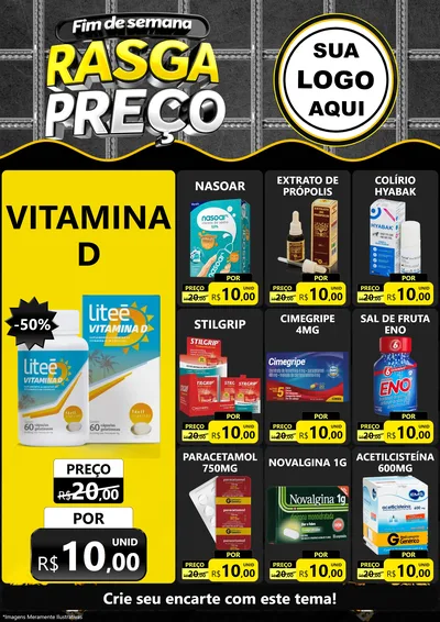 Modelo de Encarte para Encarte A4 Vertical com o tema Fim de Semana Rasga Preço para Farmácia