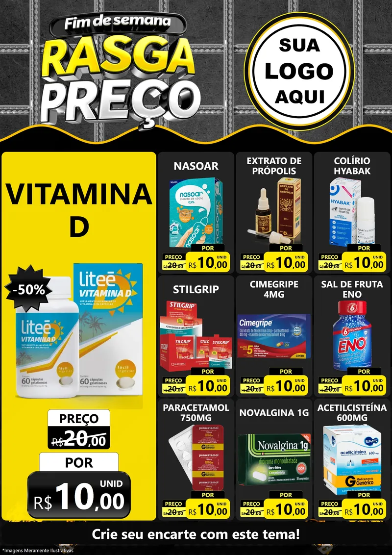 Modelo de Encarte para Encarte A4 Vertical com o tema Fim de Semana Rasga Preço para Farmácia