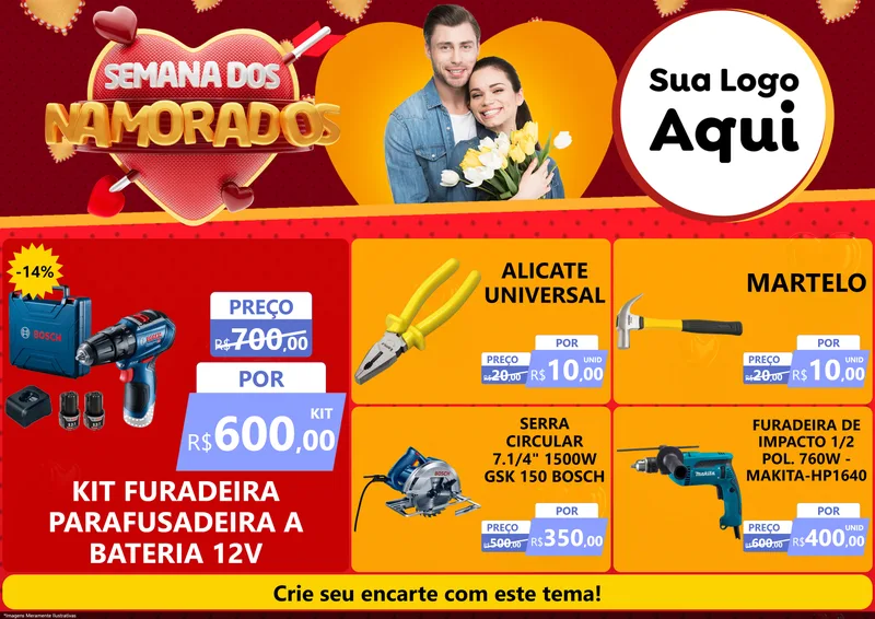 Modelo de Encarte para Encarte A4 Horizontal com o tema Semana dos Namorados para Maquinas e Ferramentas