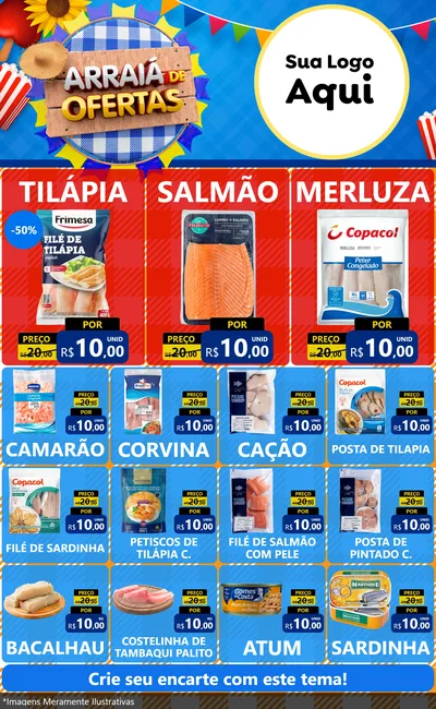 Modelo de Encarte para Encarte Grande com o tema Arraiá de Ofertas para Peixaria