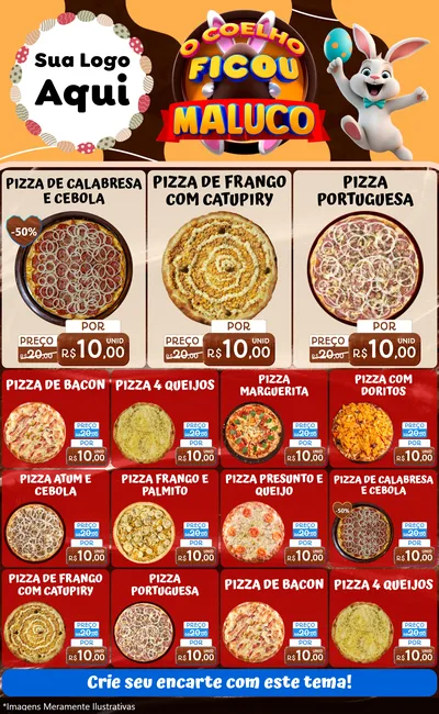Modelo de Encarte para Encarte Grande com o tema O Coelho Ficou Maluco - Páscoa para Pizzaria