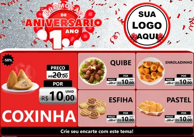 Modelo de Encarte para Encarte A4 Horizontal com o tema Promoção de Aniversário - 1 Ano para Salgadaria